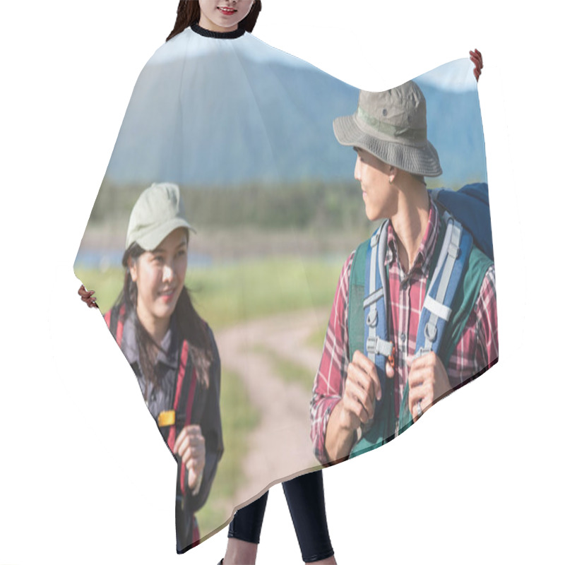 Personality  Two People Walking On Path In Meadow Field. Male And Female Traveler Looking At Attraction View Point. Couples Adventure At Outdoors Together. People And Lifestyles Concept. Trip And Camping Theme. Hair Cutting Cape