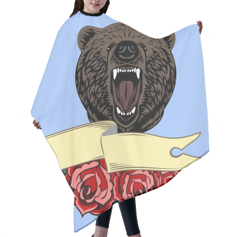 Personality  Portrait Of A Growling Bear,  Old School Tattoo Style Hair Cutting Cape