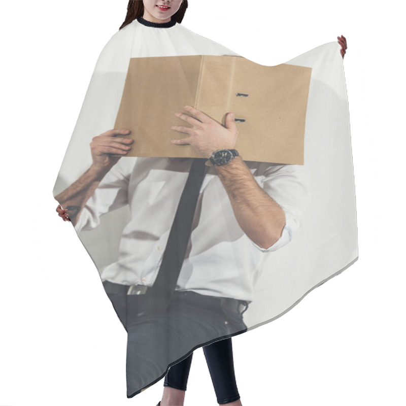 Personality  Businessman Hiding Face With Folder Hair Cutting Cape