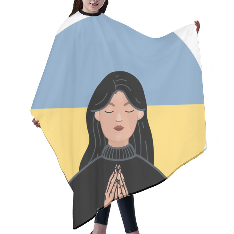 Personality  Illustration Of Ukrainian Woman Praying With Closed Eyes Near National Flag Hair Cutting Cape