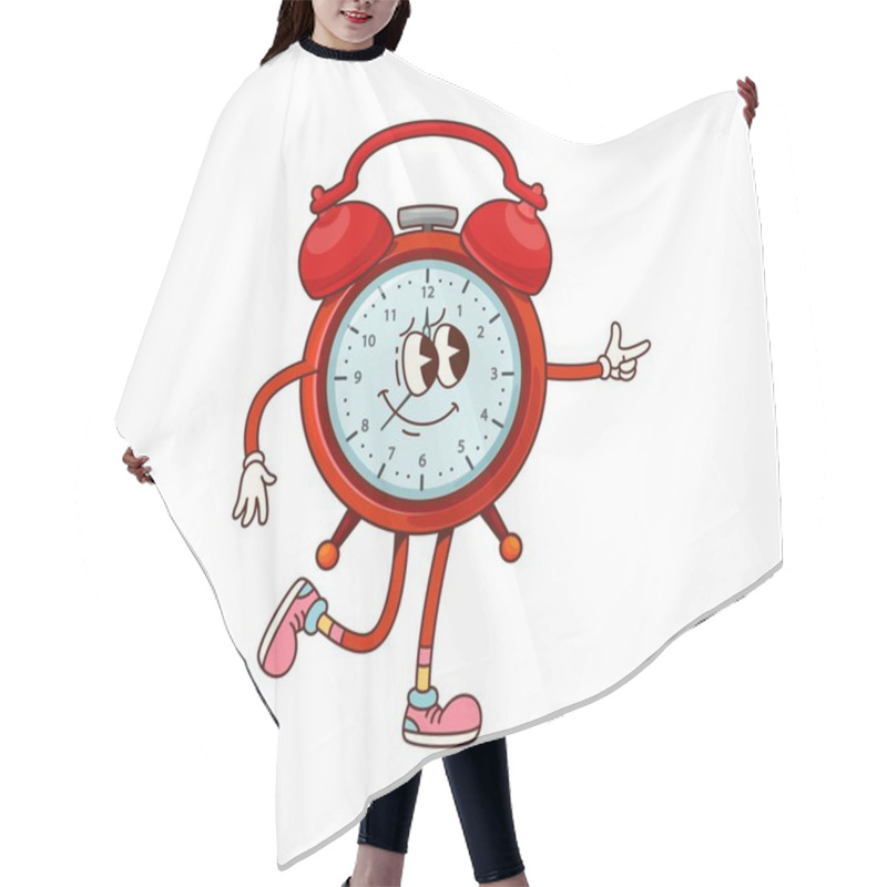 Personality  School Alarm Clock Groovy Character. Cartoon Vector Cheerful Retro Personage In Stylish Shoes Conveys A Sense Of Fun And Punctuality For Time Management, School Routines, And Lively Morning Starts Hair Cutting Cape