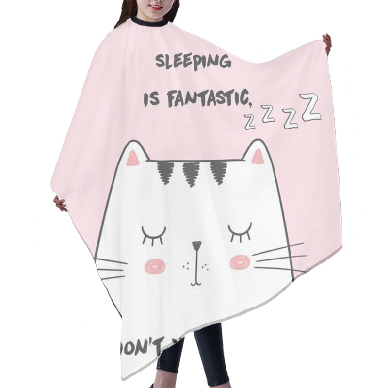 Personality  Cute Vector Illustration With Anime Kawaii Sleeping Cat. With Lettering Sleeping Is Fantastic, Don't You Think. Fashion Print For Pajamas Or T Shirt. Good Night Hair Cutting Cape