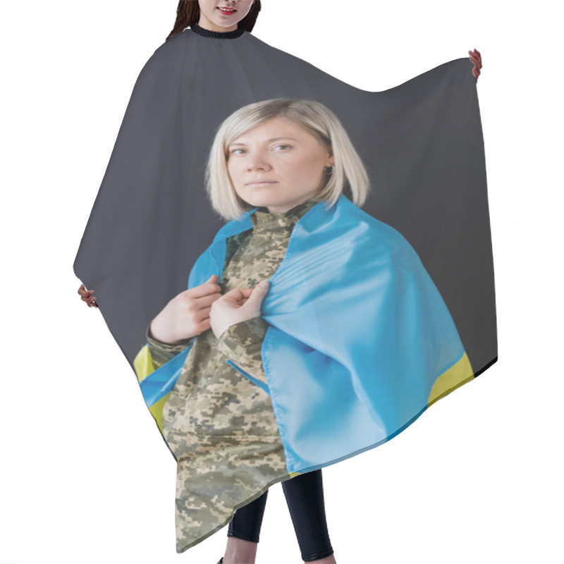 Personality  Woman In Military Uniform, With Ukrainian Flag On Shoulders, Looking At Camera Isolated On Black Hair Cutting Cape