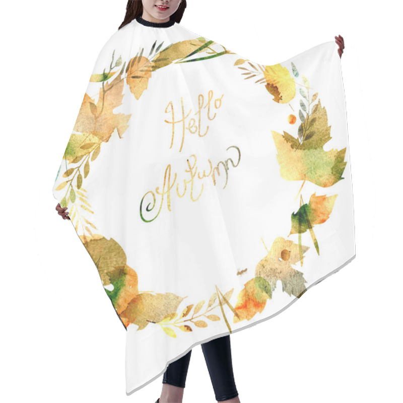 Personality  Autumn Frame With Leaves, Berries, Branches, Autumn Elements. Caption Hello Autumn. Watercolor Texture Yellow, Brown, Ocher, Red, Orange. Hair Cutting Cape