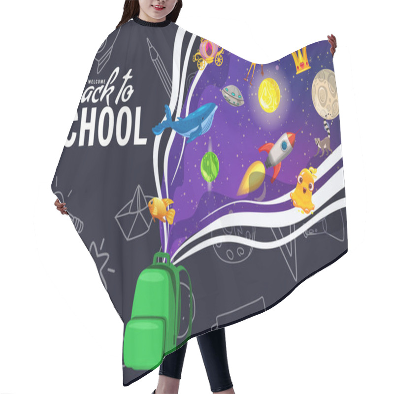 Personality  Back To School Poster Backpack, Space Imagination, Creative Concept. Template For Invitation, Poster, Banner, Promotion. Vector Illustration Cartoon Style Hair Cutting Cape