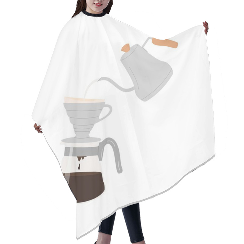 Personality  Pour Over Drip Coffee Artwork. Manual Alternative Coffee Brewing Technique And Method. Hand Drawn Vector Illustration Isolated On Background. Hair Cutting Cape