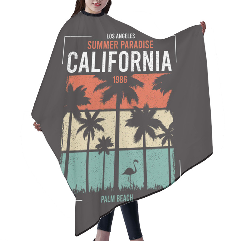 Personality  California T-shirt Design With Silhouette Of Palm Trees And Flamingo At Color Grunge Background. Typography Graphics For Apparel, Tee Shirt Print. Vector Illustration. Hair Cutting Cape