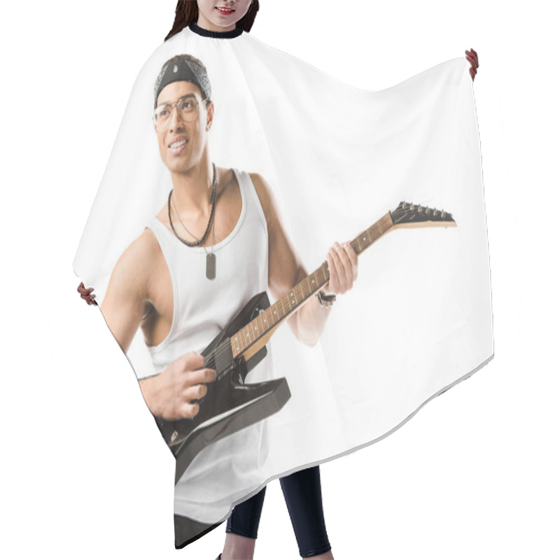 Personality  Smiling Mixed Race Male Rock Musician Playing On Electric Guitar Isolated On White Hair Cutting Cape