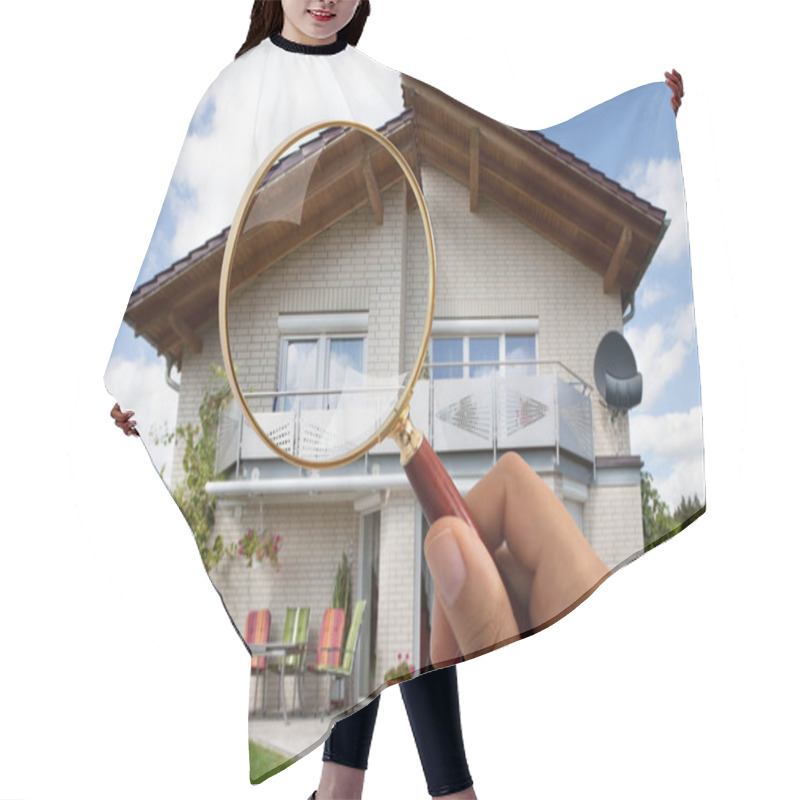 Personality  Close-up Of Person's Hand Holding Magnifying Glass Over Luxury House Outdoors Hair Cutting Cape