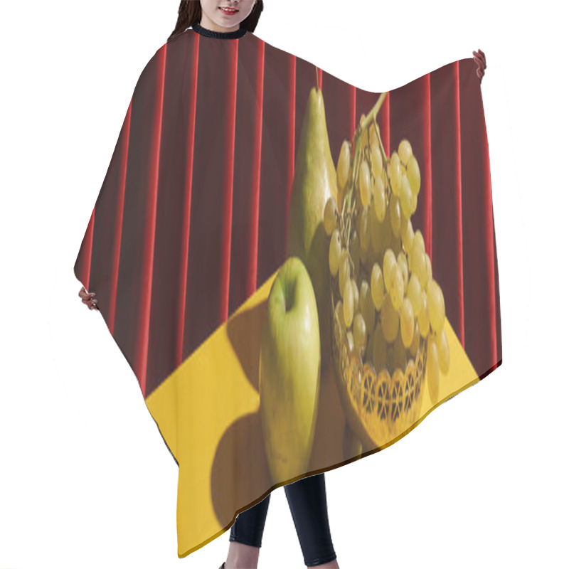 Personality  Classic Still Life With Green Fruits On Yellow Table Near Red Curtain, Panoramic Shot Hair Cutting Cape