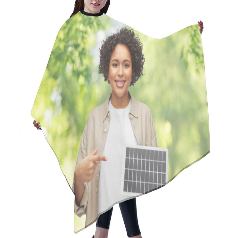 Personality  Happy Smiling Woman Showing Solar Battery Model Hair Cutting Cape