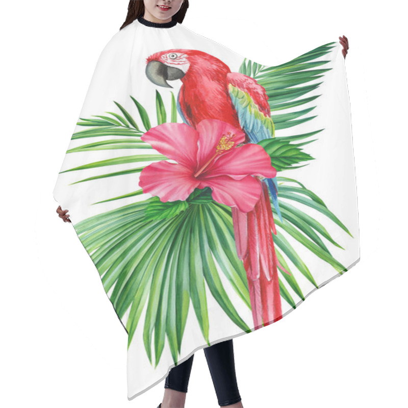 Personality  Watercolor Illustration With Red Macaw Parrot, Tropical Leaves, Hibiscus. Isolated On White Background Hair Cutting Cape