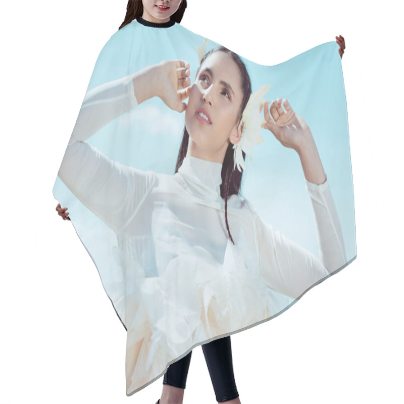 Personality  Low Angle View Of Young Woman In White Swan Costume Looking Away, Against Blue Sky Background Hair Cutting Cape