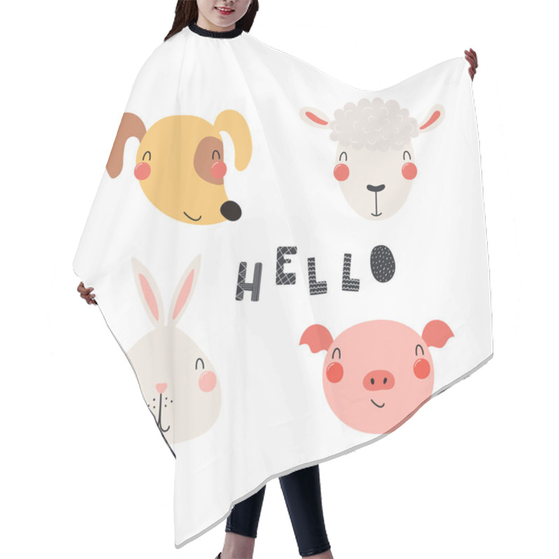 Personality  Set Of Funny Farm Animals Faces With Word Hello On White Background Hair Cutting Cape