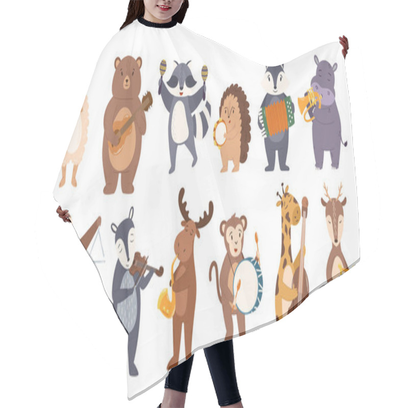 Personality  Set Of Animals Play Music. Cute Sheep, Bear, Raccoon And Hedgehog, Badger, Hippopotamus, Sloth And Deer With Monkey, Giraffe And Moose Playing On Different Instruments. Cartoon Vector Illustration Hair Cutting Cape