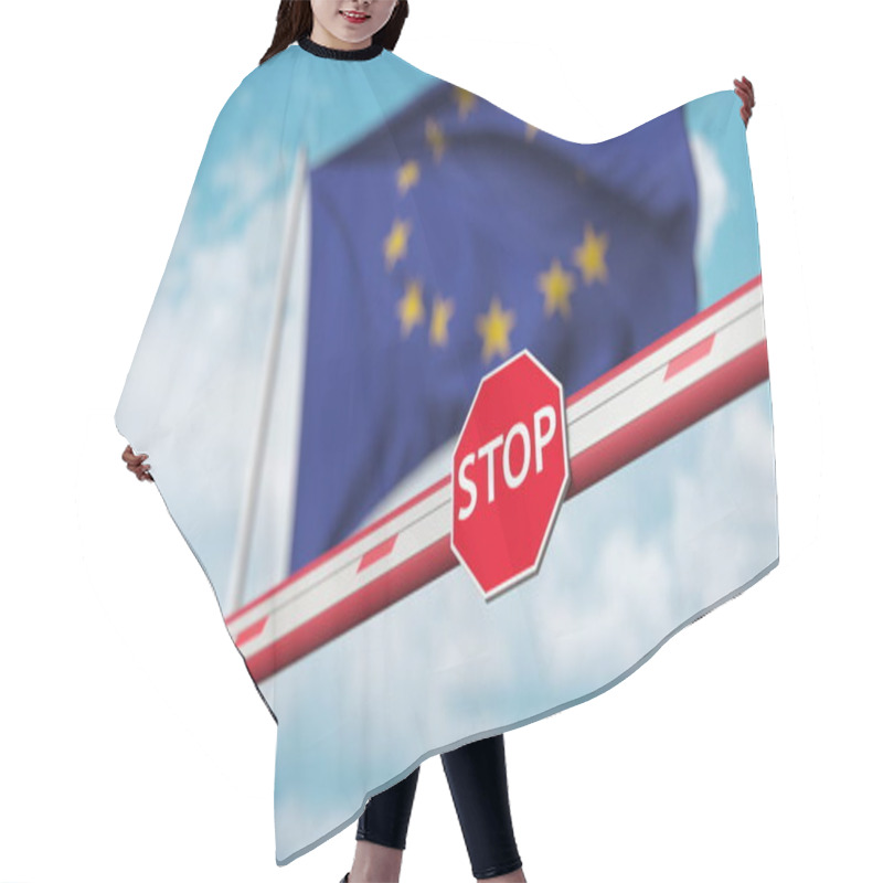 Personality  Barrier Gate Being Closed With Flag Of The EU As A Background. European Restricted Entry Or Certain Ban. 3D Rendering Hair Cutting Cape