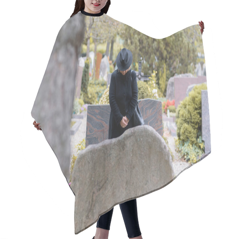 Personality  Woman In Mourning Praying At A Graveside Hair Cutting Cape