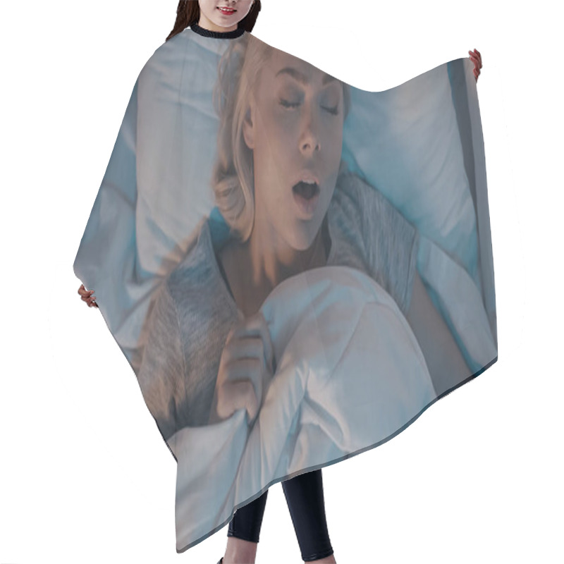 Personality  Top View Of Young Woman Snoring While Sleeping On Bed  Hair Cutting Cape