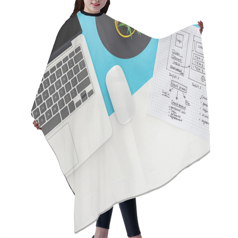 Personality  Top View Of Laptop, Computer Mouse, Plant, Website Design Template On Abstract Geometric Background Hair Cutting Cape