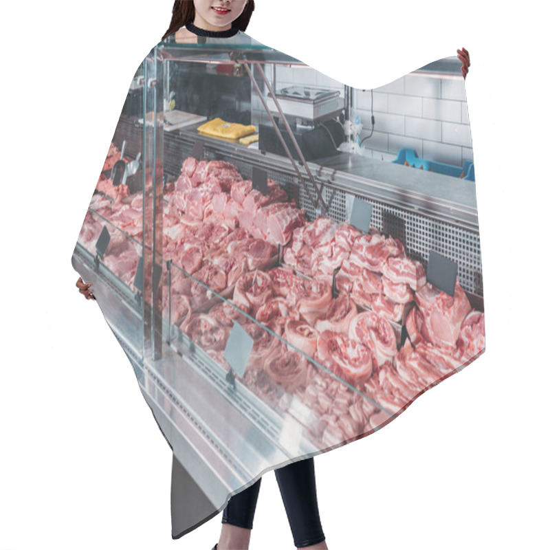 Personality  Close Up View Of Arranged Raw Meat In Grocery Shop Hair Cutting Cape