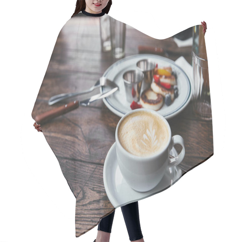 Personality  Close-up Shot Of Curd Pancakes On Plate And Cup Of Coffee On Rustic Wooden Table Hair Cutting Cape