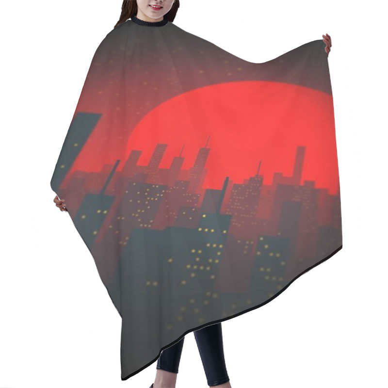 Personality  Pattern And Design Inspired By City Skyscrapers In Silhouette Against A Vivid Red Moon Hair Cutting Cape