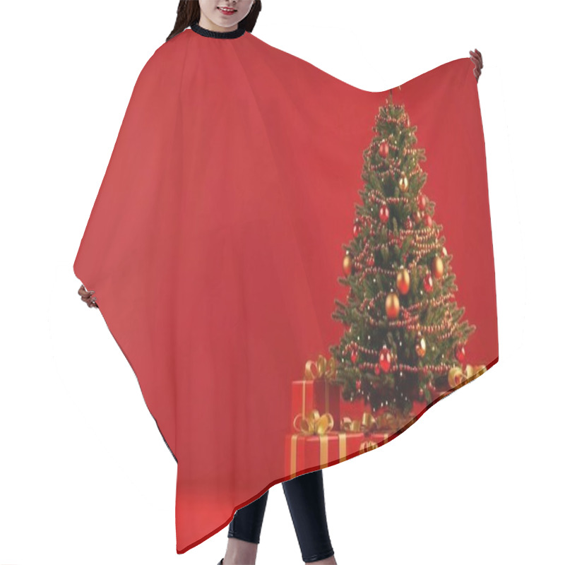 Personality  Festively Decorated Christmas Tree With Golden Ornaments And Gifts In A Cozy Setting. Hair Cutting Cape