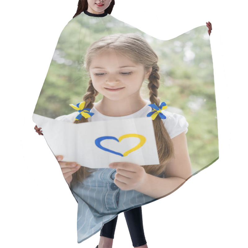 Personality  Positive Patriotic Girl Reading Postcard With Blue And Yellow Heart Hair Cutting Cape