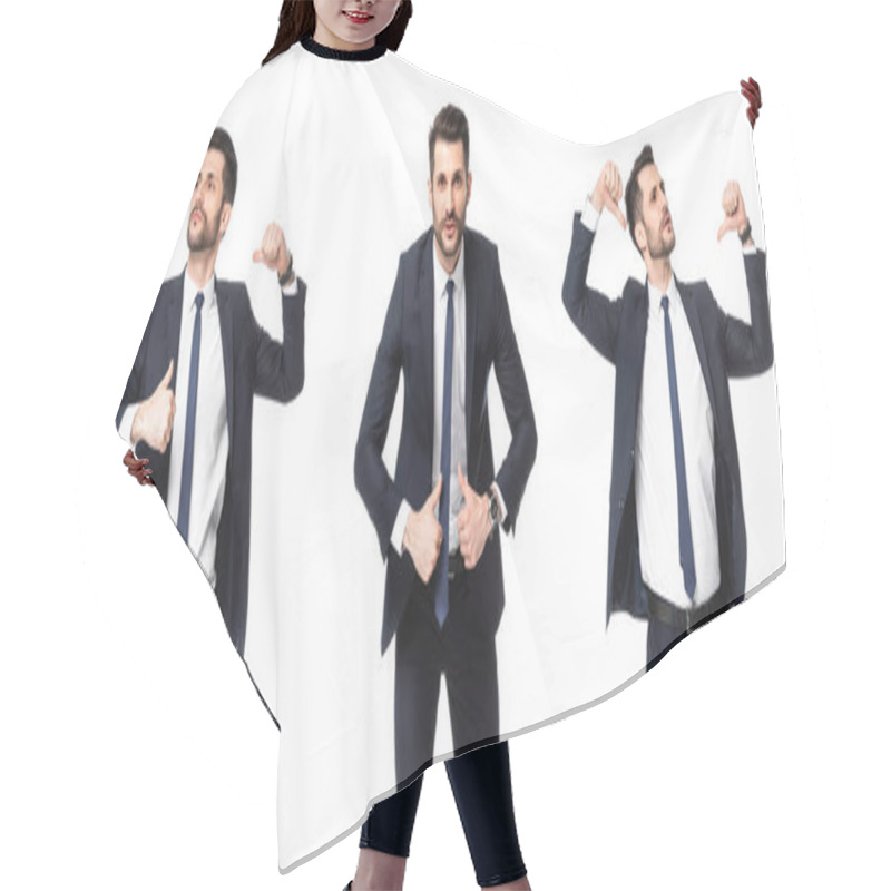 Personality  Collage Of Arrogant Businessman Pointing With Thumbs At Himself Isolated On White, Sexism Concept  Hair Cutting Cape