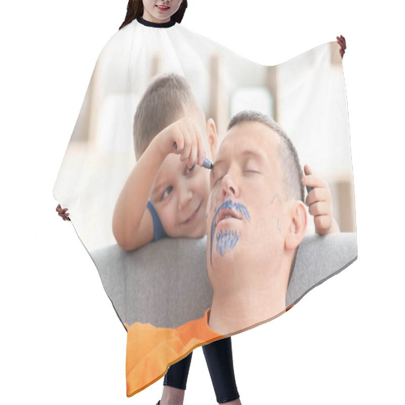 Personality  Little Boy Painting His Father's Face While He Sleeping. April Fool's Day Prank Hair Cutting Cape