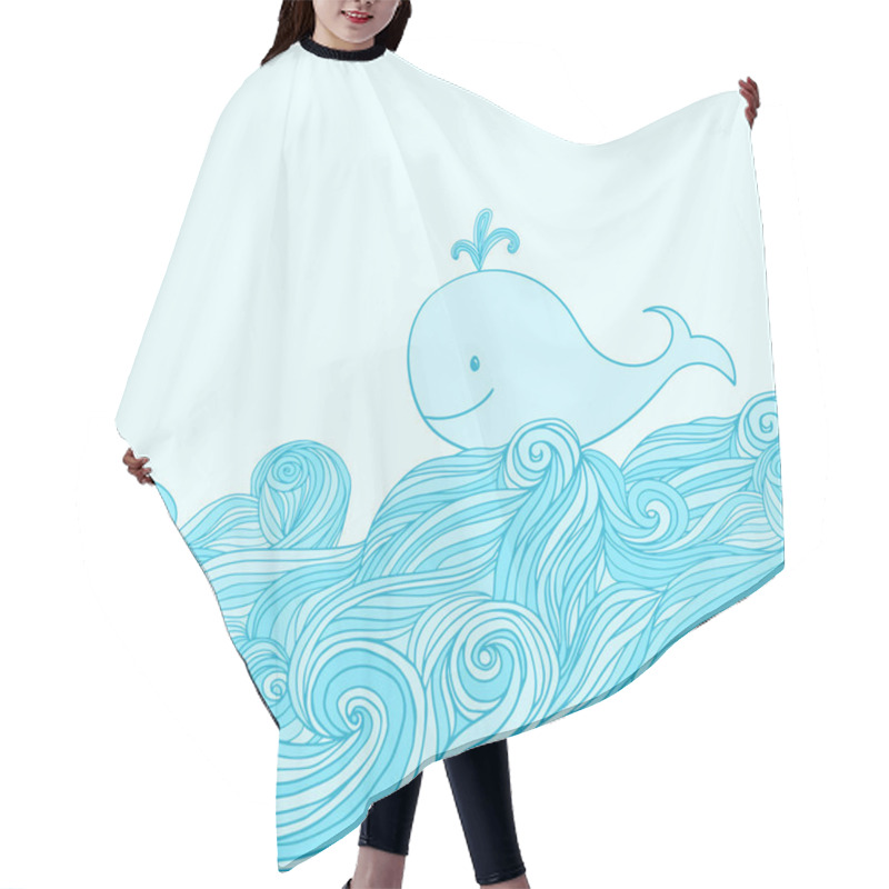 Personality  Blue Cute Whale In The Sea Waves. Hand-drawn Cartoon Style Illustration. Hair Cutting Cape