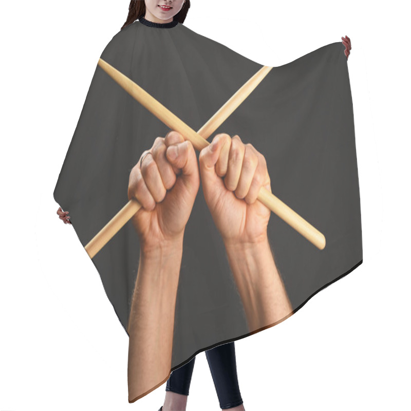 Personality  Two Hands With Crossed Drumsticks Over Black Hair Cutting Cape