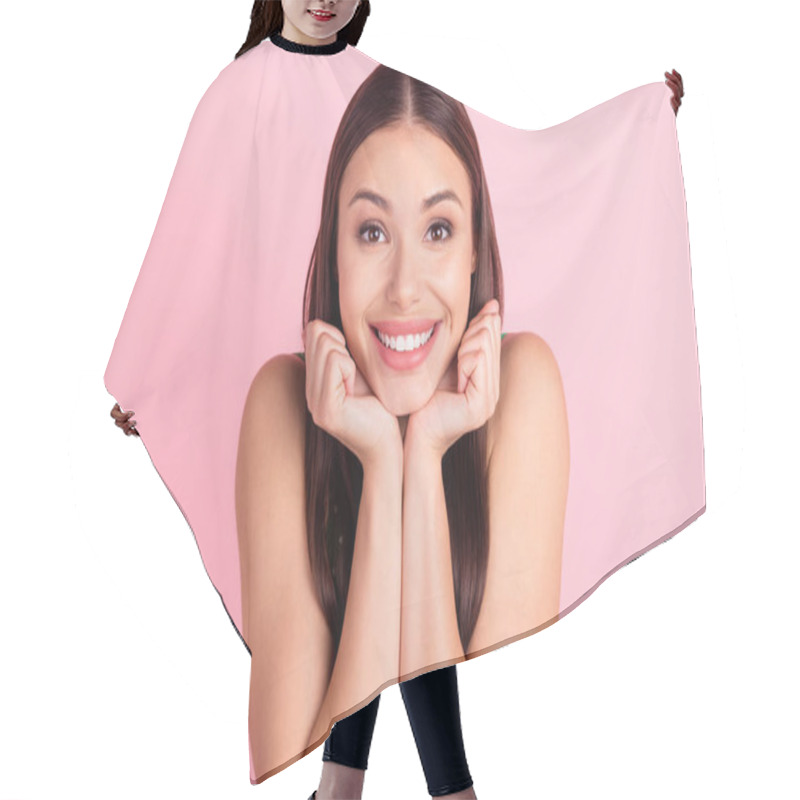 Personality  Photo Of Sweet Brown Hairdo Millennial Lady Hands Face Isolated On Pink Color Background Hair Cutting Cape