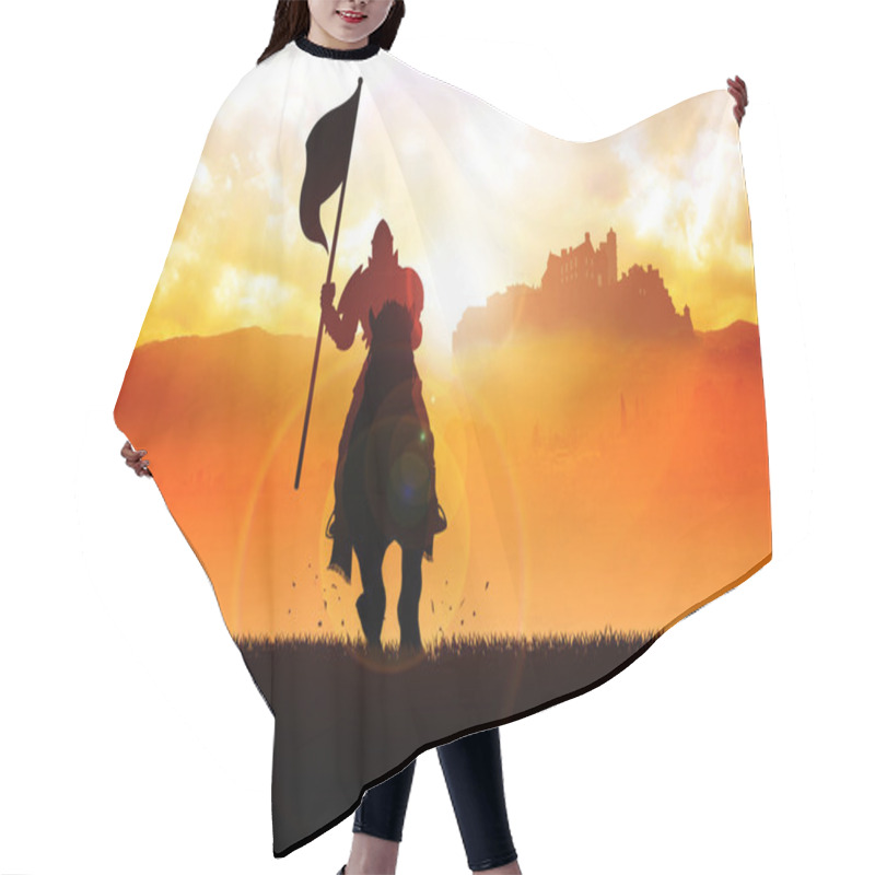 Personality  Silhouette Of A Medieval Knight On Horse Carrying A Flag Hair Cutting Cape