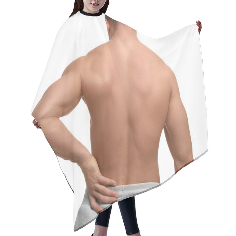 Personality  Man Suffering From Back Pain On White Background, Back View Hair Cutting Cape