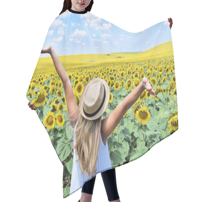 Personality  A Girl In A Big Sunflower Farm Enjoying Life Hair Cutting Cape