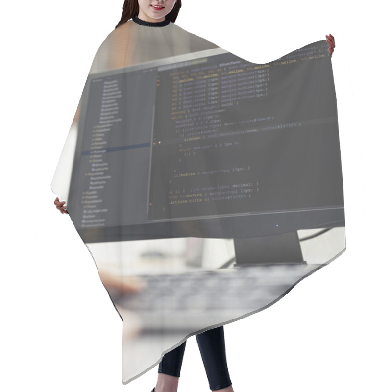 Personality  Developer Working On Source Codes On Computer At Office. Hair Cutting Cape