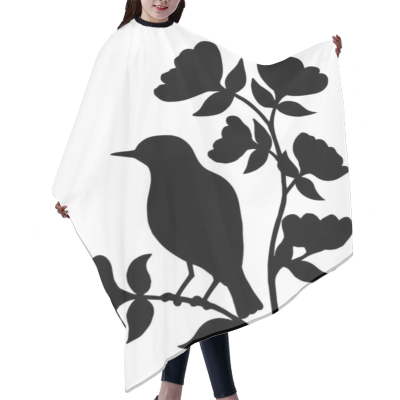 Personality  Black Silhouette Of A Bird On A Branch With Flowers On A White Background Hair Cutting Cape