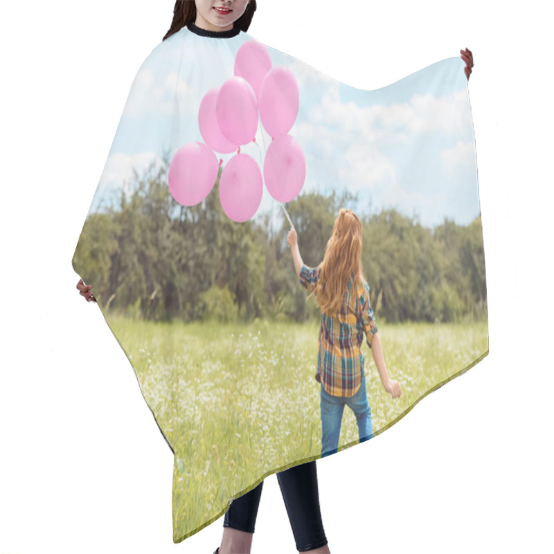 Personality  Back View Of Child With Pink Balloons Standing In Summer Field With Blue Sky On Background Hair Cutting Cape