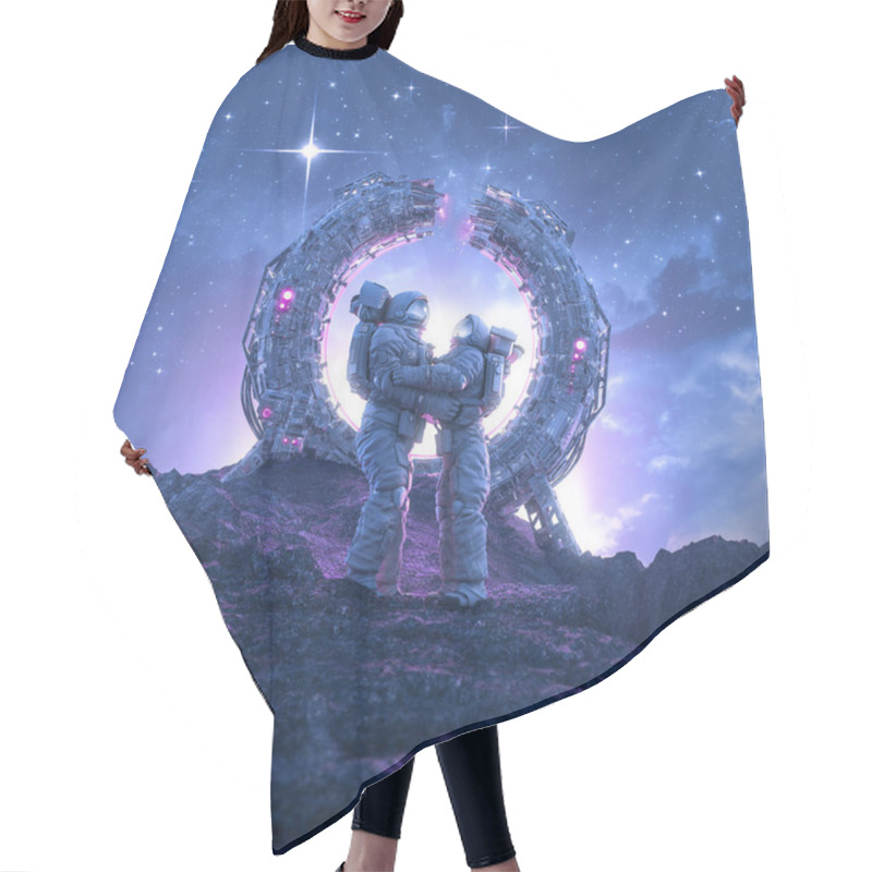 Personality  Final farewell beyond the stars / 3D illustration of male and female astronaut couple silhouetted embracing on alien planet by broken teleportation portal hair cutting cape