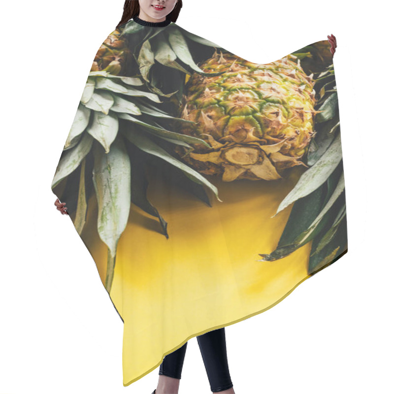 Personality  Fresh Ripe Pineapples With Green Leaves On Yellow Background Hair Cutting Cape