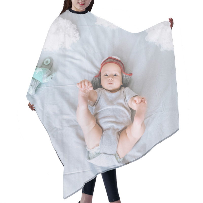 Personality  Top View Of Infant Child In Pilot Hat With Toy Plane Surrounded With Clouds Made Of Cotton In Bed Hair Cutting Cape