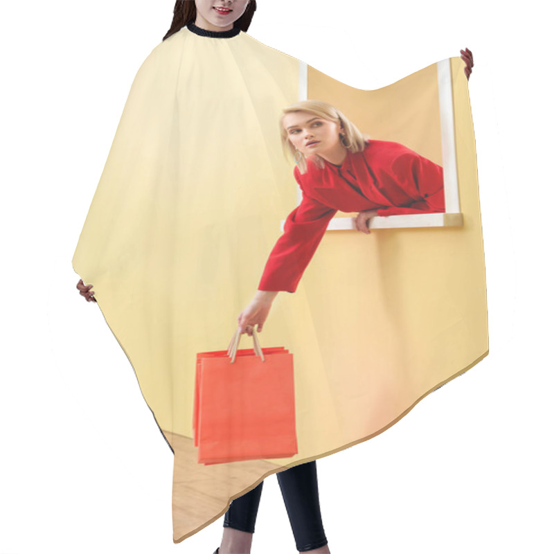 Personality  Young Fashionable Woman In Red Clothing With Red Shopping Bags Looking Out Decorative Window Hair Cutting Cape