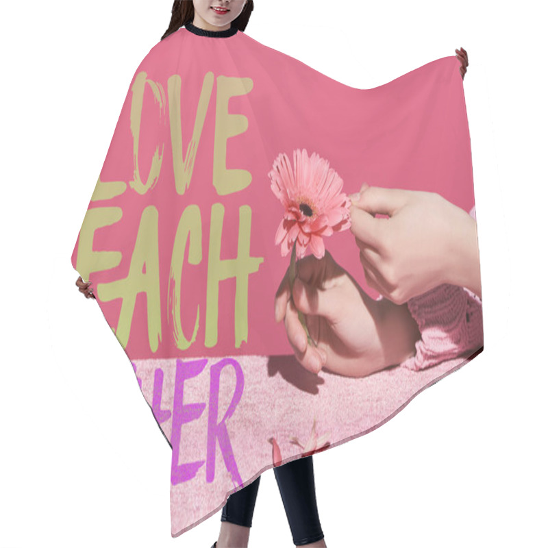 Personality  Cropped View Of Woman Picking Gerbera Petals On Velour Cloth Isolated On Pink, Love Each Other Illustration Hair Cutting Cape