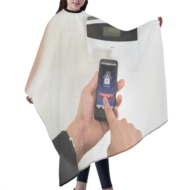 Personality  Businessperson Disarming Security System With Mobile Phone Hair Cutting Cape