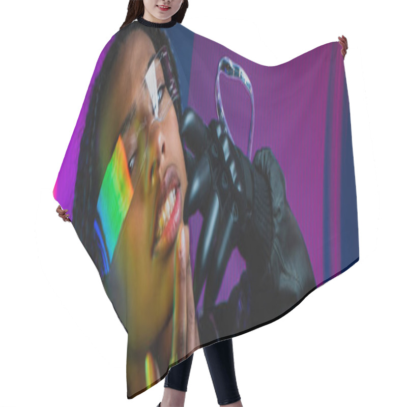 Personality  African American Woman In Cyber Glove And Smart Glasses Looking At Camera On Colorful Background, Banner   Hair Cutting Cape