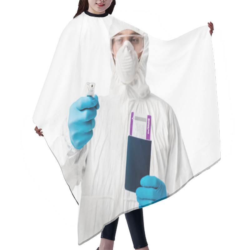 Personality  Selective Focus Of Man In Hazmat Suit Holding Pyrometer And Passport With Boarding Pass Isolated On White  Hair Cutting Cape