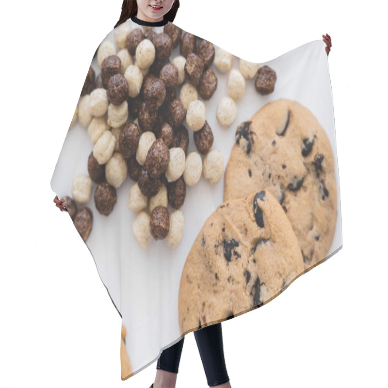 Personality  Top View Of Cereal Balls Near Chocolate Chip Cookies Isolated On White  Hair Cutting Cape