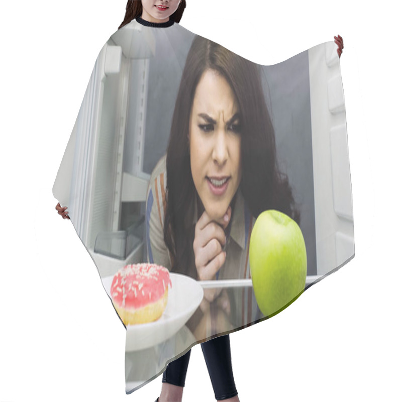 Personality  Brunette Woman Choosing Between Apple And Glazed Doughnut In Fridge  Hair Cutting Cape