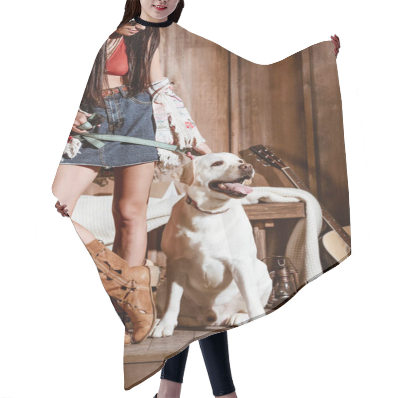 Personality  Woman In Boho Style With Dog Hair Cutting Cape